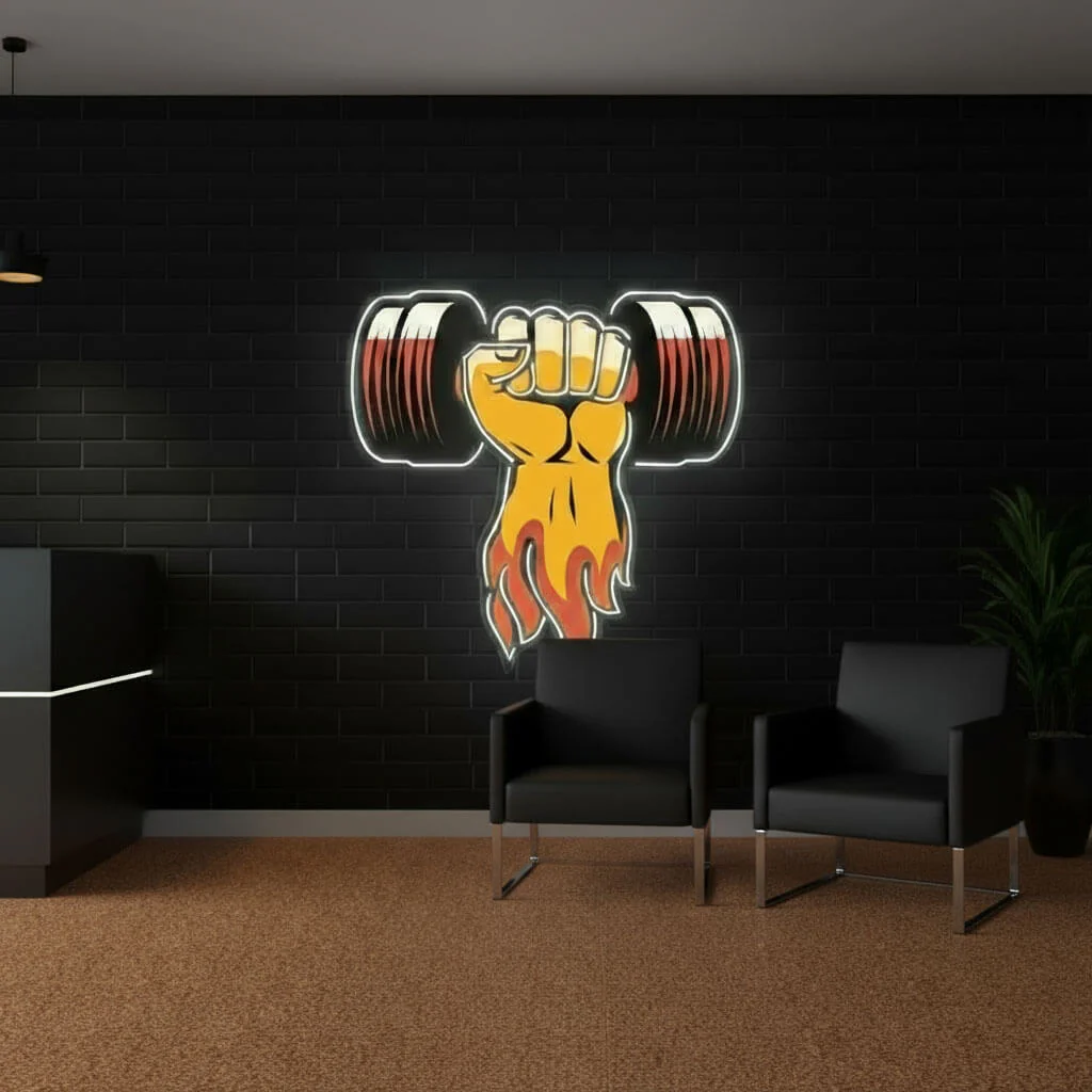 Flaming Fist Dumbbell - UV Print Gym LED Neon Sign - Image 3