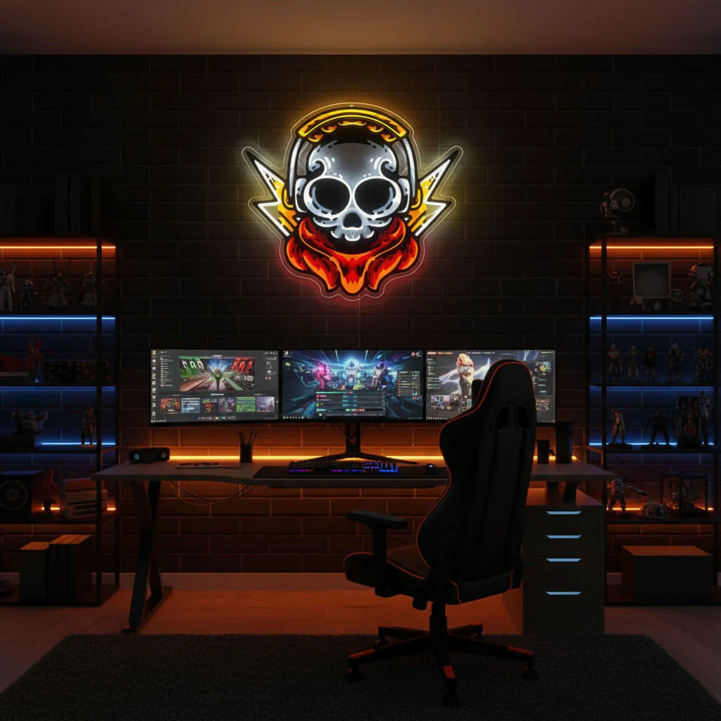 Skull with Headphones and Lightning - UV Print Gaming LED Neon Sign - Image 3