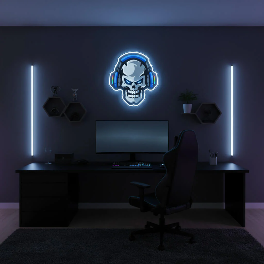 Skull with Headphones - UV Print Gaming LED Neon Sign - Image 3